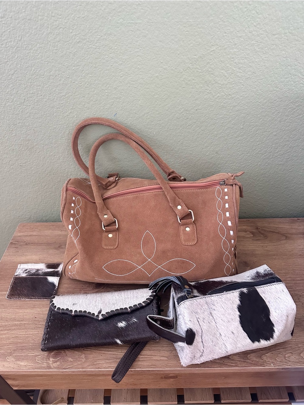 Western Boot Stitch Brown Suede Women’s Tote Bag with Accessories